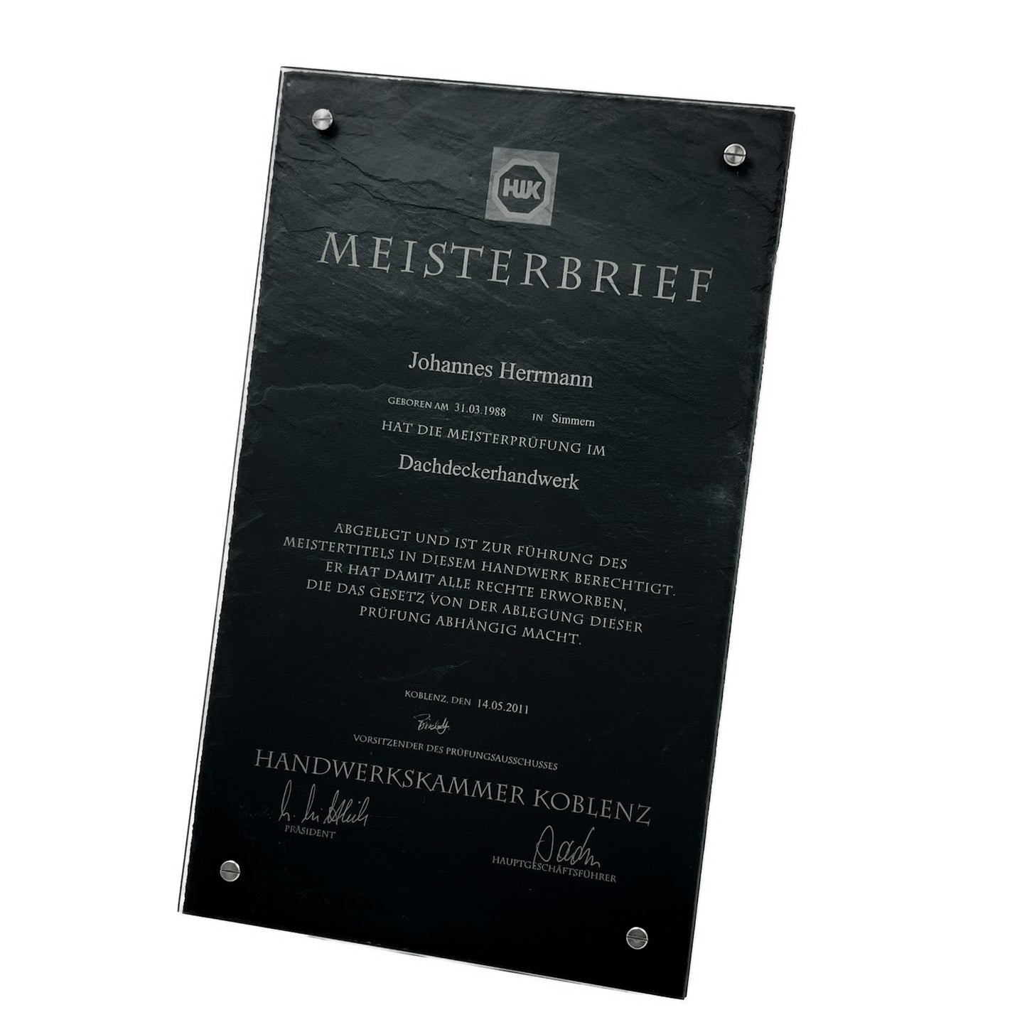 Schiefer-Glas "Meisterbrief" 50x30cm personalisiert