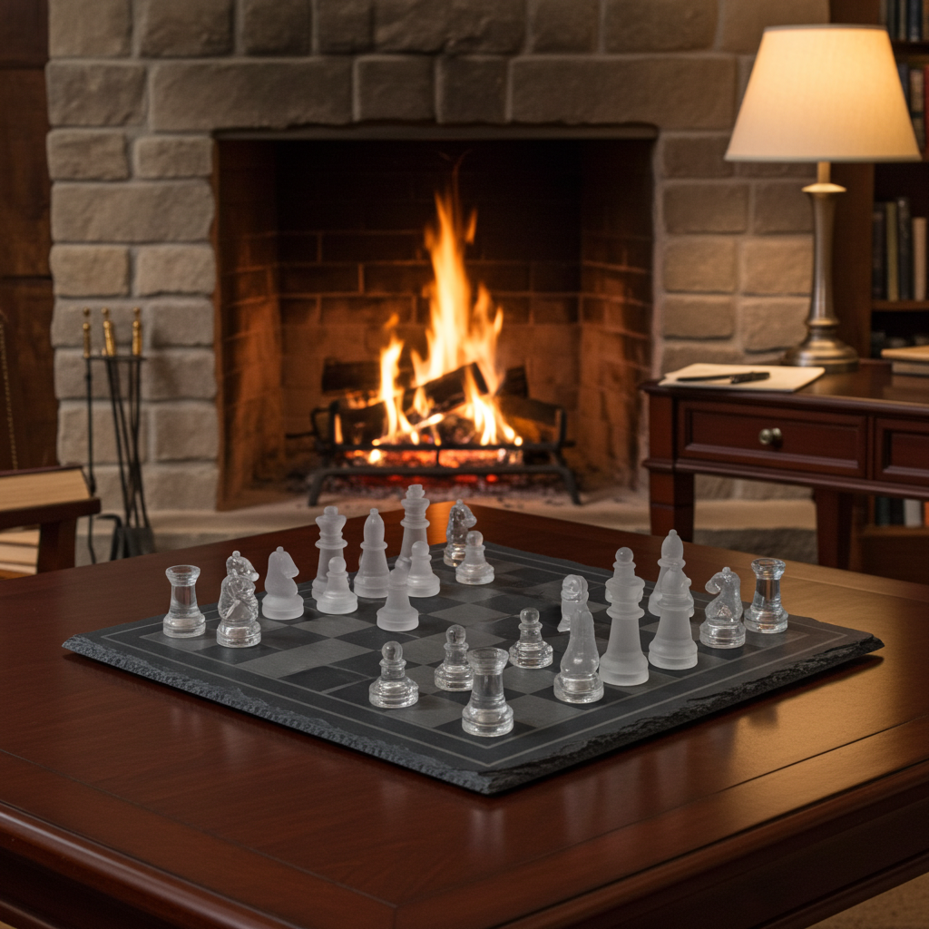 Schachbrett mit Glasfiguren